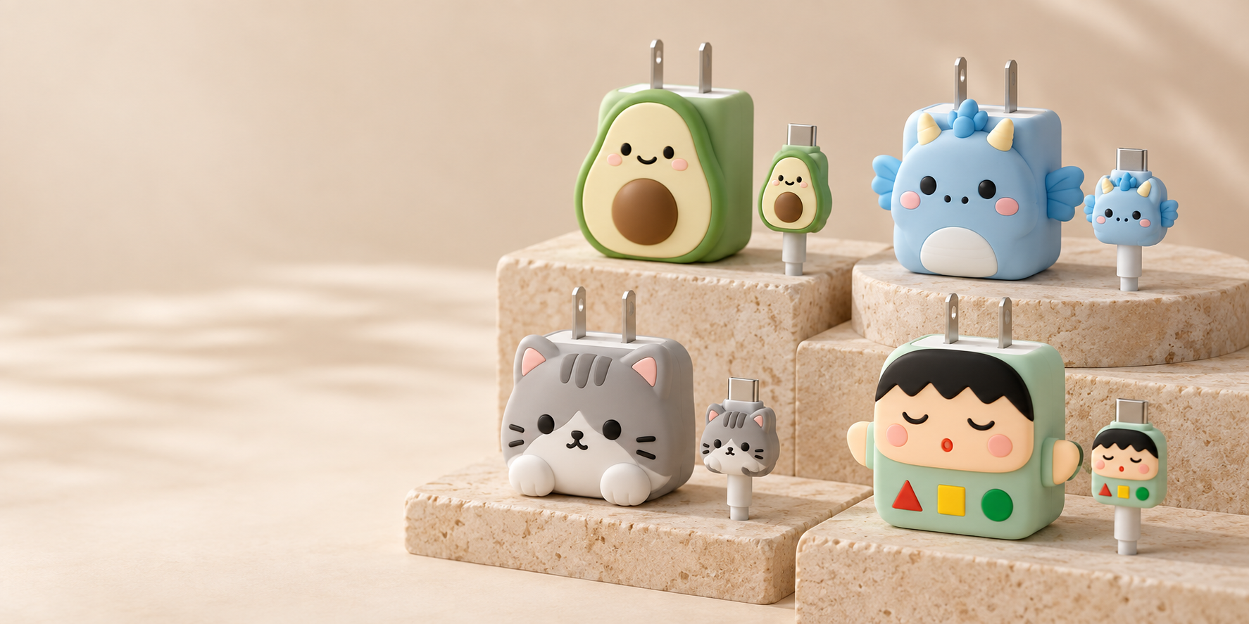 Four playful silicone charger and cable protector sets arranged on warm stone plinths