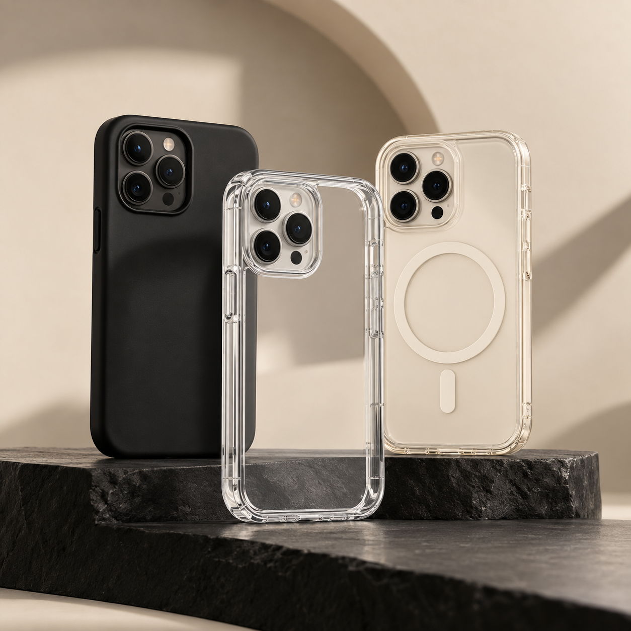 Black, clear, and MagSafe compatible iPhone covers on black stone