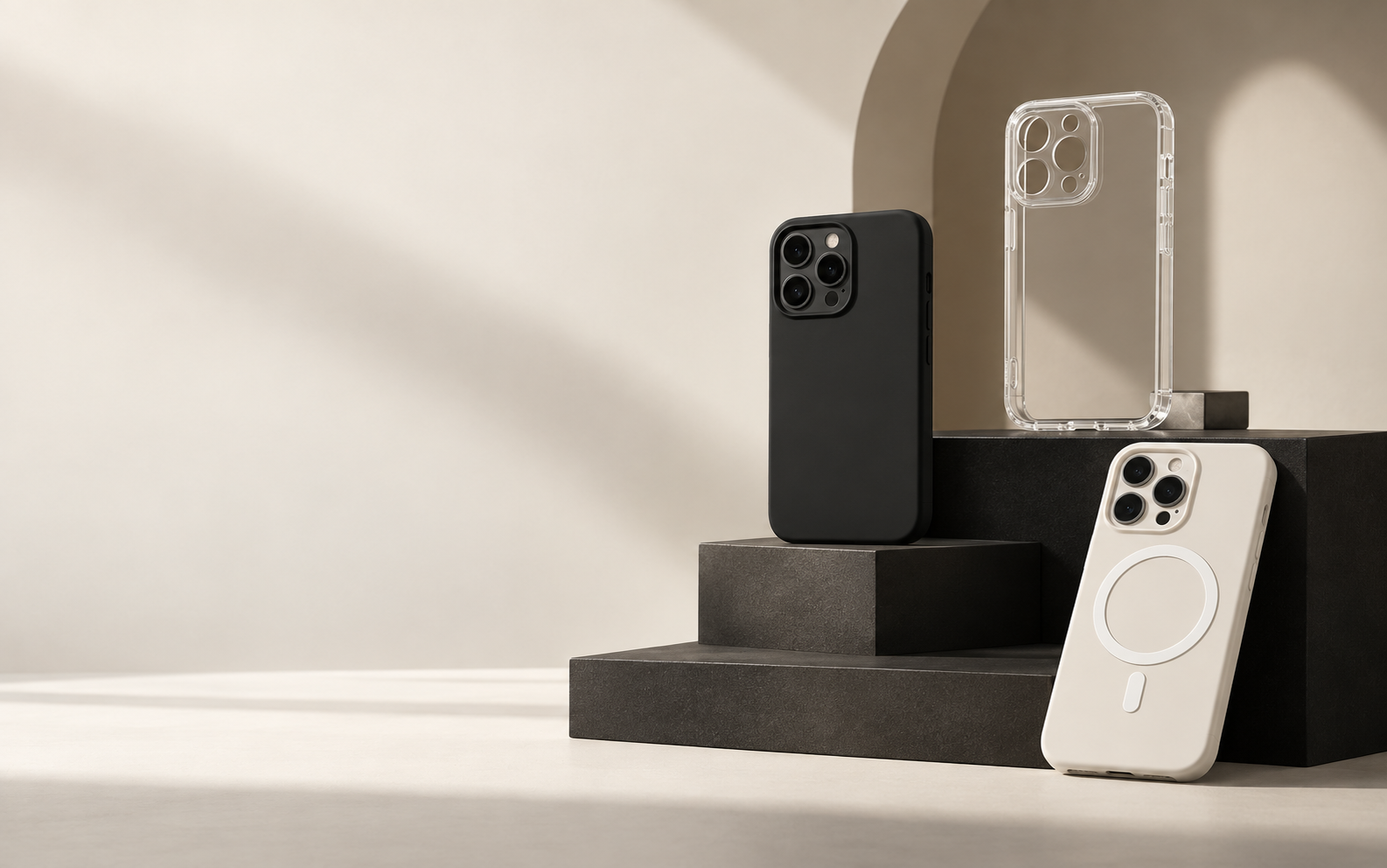 Black, clear, and MagSafe compatible phone covers displayed in a minimal studio