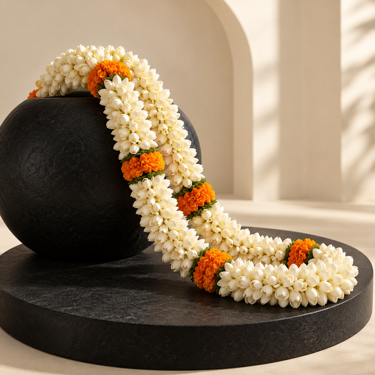 Artificial jasmine and marigold garland arranged on a black plinth