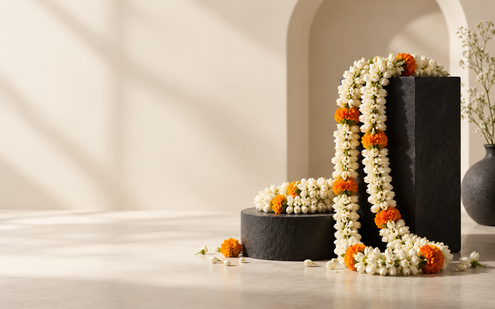 Artificial jasmine and marigold garland displayed on black plinths