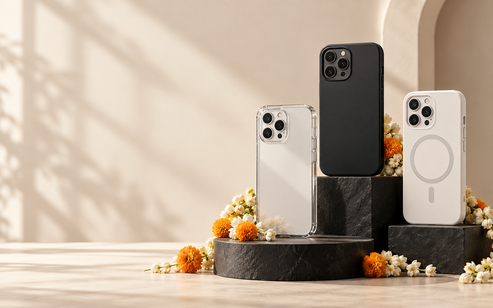 Premium phone covers and a floral garland arranged on black plinths